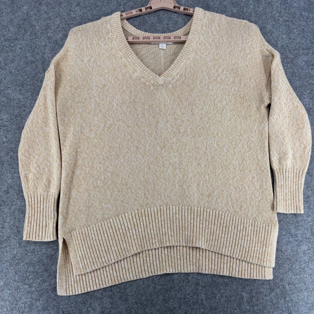 Lilly Pulitzer Womens XL Cotton Marled V-Neck Sweater Tan White High Low Hem